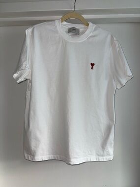 Ami White Tee with Small Red Heart Emblem